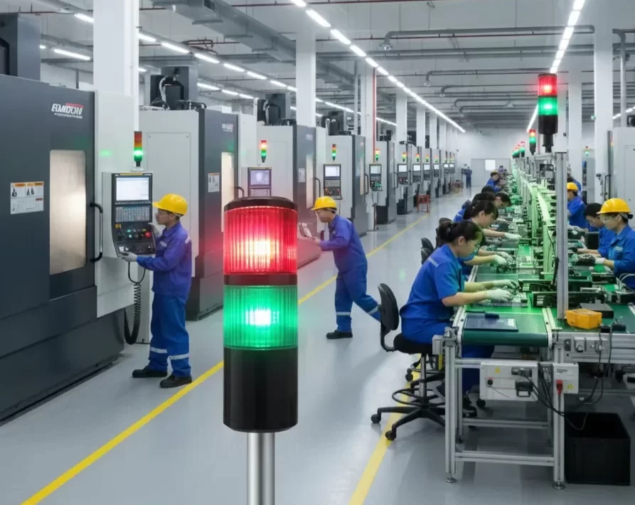 Sistema Andon Shiroi completo com m&oacute;dulos de sinaliza&ccedil;&atilde;o LED verde e vermelho para gest&atilde;o &agrave; vista industrial