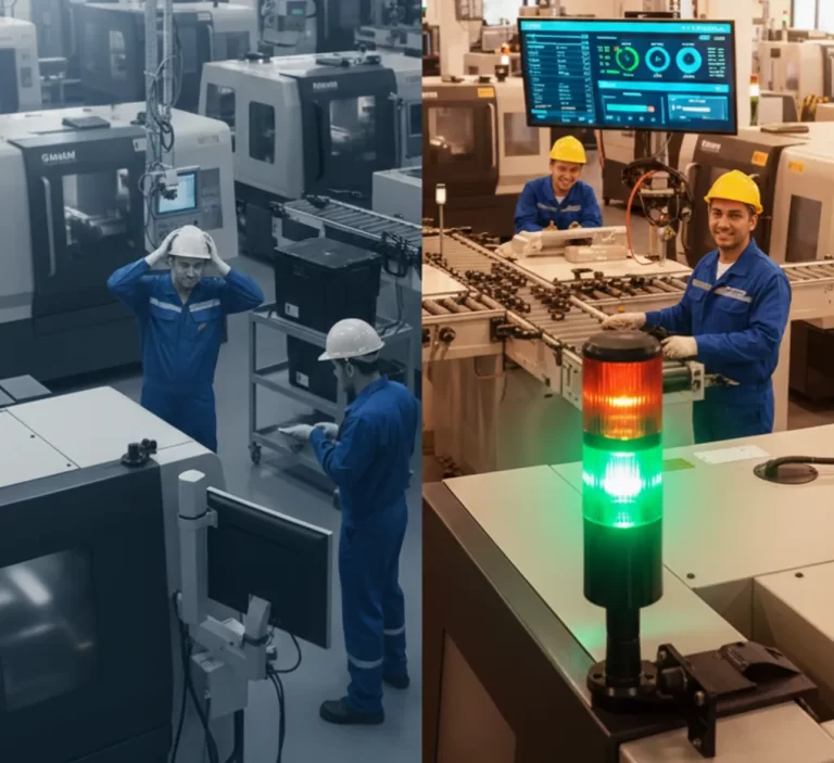 Ilustração 3D de uma linha de produção automatizada com sistema de sinalização Andon Shiroi, destacando painéis de controle e torres de LED para eficiência industrial.