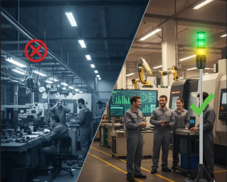 Gráfico de produtividade ascendente sobreposto a uma fábrica moderna, ilustrando os benefícios da gestão à vista e do Sistema Andon Shiroi na eficiência industrial.